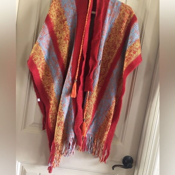 Red Multi color 2-Way Wear Fringe Sweater Wrap or Cardigan - Picture 1 of 8